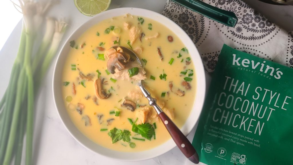 Enjoy a rich, creamy, amazingly flavorful Thai-inspired Creamy Coconut Chicken Soup in just 10 minutes thanks to entree kits from Kevin's Natural Foods! Paleo, So satisfying . . plus Keto, and gluten-free!