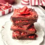 Satisfy your sweet tooth mindfully with this easy recipe for No-Bake Protein Brownies with Real Strawberry “Sprinkles.” Deliciously chocolate and seemingly decadent dessert or snack, but only 219 calories, plus low carb with 6g net carb, and 12g protein.