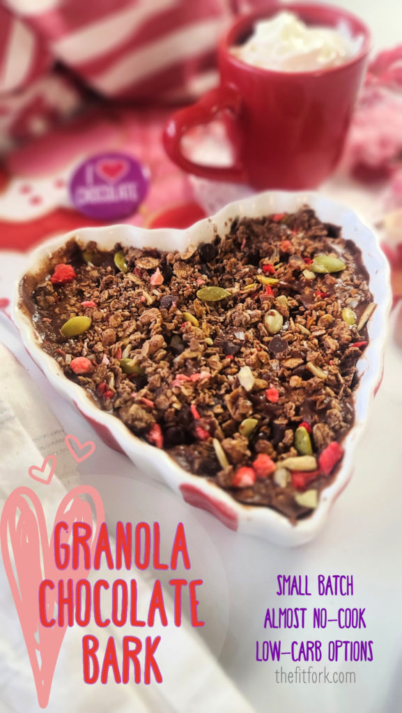 Treat yourself (and a sweetheart) to this share-sized dessert that features only three ingredients (chocolate, nut butter, and granola)! Easy-peasy, the only ‘cooking’ is melting chocolate chips in the microwave! A fun Valentine’s Day treat, or for chocolate bark any day of the year! Low carb and sugar free options, very flexible.