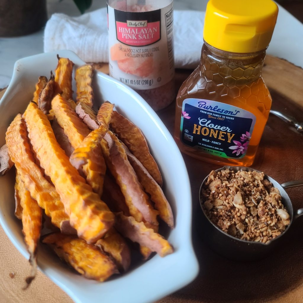 Looking for a quick and easy granola sweet potato recipe? Simple ingredients come together in minutes in an air fryer (or conventional oven) to make the tastiest, crunchiest, salty-sweet (swalty) fries around!! You’ll love recipe for one (or two)!