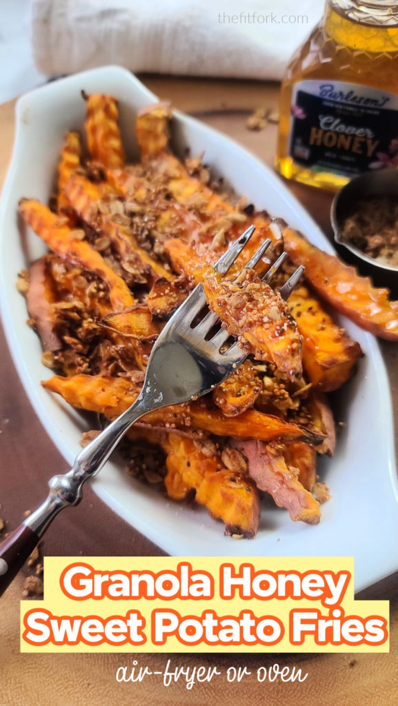 Looking for a quick and easy granola sweet potato recipe? Simple ingredients come together in minutes in an air fryer (or conventional oven) to make the tastiest, crunchiest, salty-sweet (swalty) fries around!! You’ll love recipe for one (or two)!