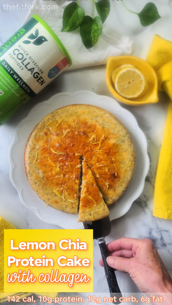 A light, bright, yummy snack cake featuring collagen protein. Only 142 cal per slice and 10g protein. This Lemon Chia Seed Protein Cake a treat for a healthy dessert, post workout snack or even breakfast.