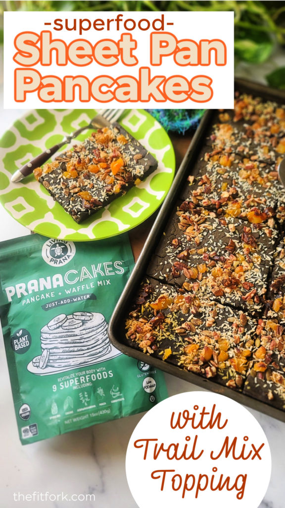 Baked pancakes in a sheet pan for thewin! Uses a convenient gluten-free, dairy-free, vegan pancake mix (PranaCakes),boosted with plant-based protein powder, and topped with a hearty, homemade “trail mix” for extra energy (and no need for syrup)! The perfect morning meal to fuel your adventures. Meal prep friendly! 