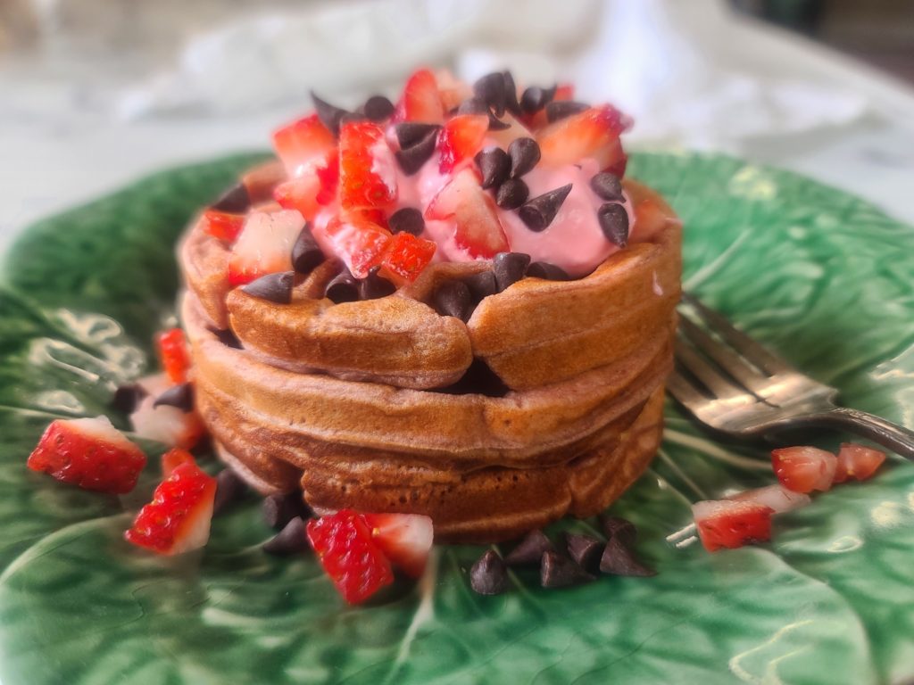 You don't need a bumper crop of fresh berries to enjoy these easy strawberry cottage cheese protein waffles that are also pumped up with cottage cheese and protein powder. Idea for protein-packed mornings and meal-prep!