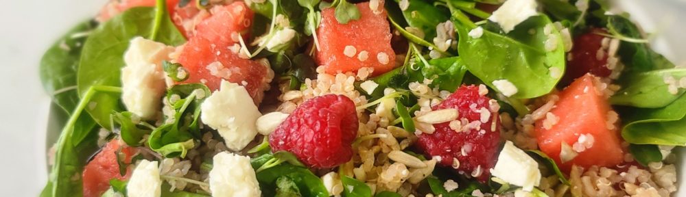 Hydrate and invigorate with this juicy fresh salad featuring watermelon, raspberries and quinoa! The zingy ginger mint dressing is amazing. It’s a stunningly colorful side dish or add shrimp or salmon for a main dish.
