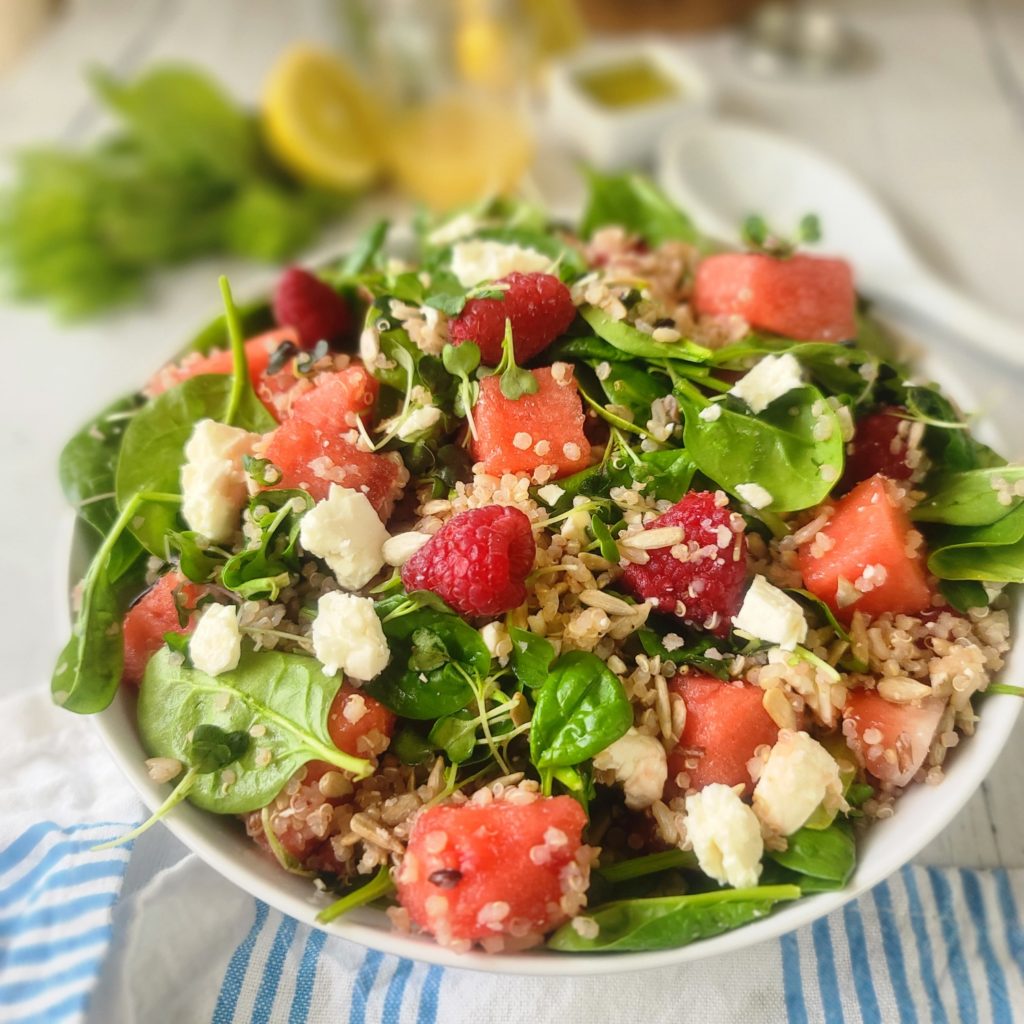 Hydrate and invigorate with this juicy fresh salad featuring watermelon, raspberries and quinoa! The zingy ginger mint dressing is amazing. It’s a stunningly colorful side dish or add shrimp or salmon for a main dish.