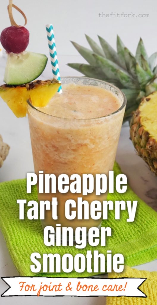 This anti-inflammatory Pineapple Tart Cherry Ginger smoothie provides joint and bone care thanks to bevvy of functional foods and boosters! Pineapple and tart cherry are great foods for combating inflammation – plus, I’ve incorporated three key bone and joint care supplements from including collagen peptides, liquid hyaluronic acid, and Vitamin D-3 drops! 