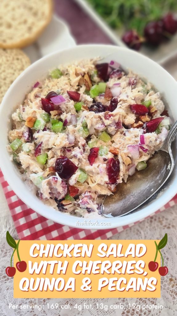 A light and fresh chicken salad made summery with fresh cherries -- and given a great texture with quinoa and pecans. No-mayo, a dressing of yogurt and lime juice.