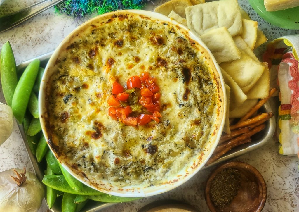 Better-for-You Artichoke and Green Chile Dip with Cottage Cheese is a comforting snack and party appetizer, perfect for football season, the holiday season and upcoming get-togethers.