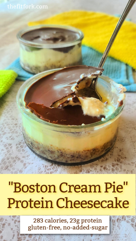 Boston Cream Pie, an all-American, classic dessert in layers, has been updated with a “cheesecake” twist to offer lots of protein while being gluten-free and with no added sugar. An easy dessert and no baking required!   