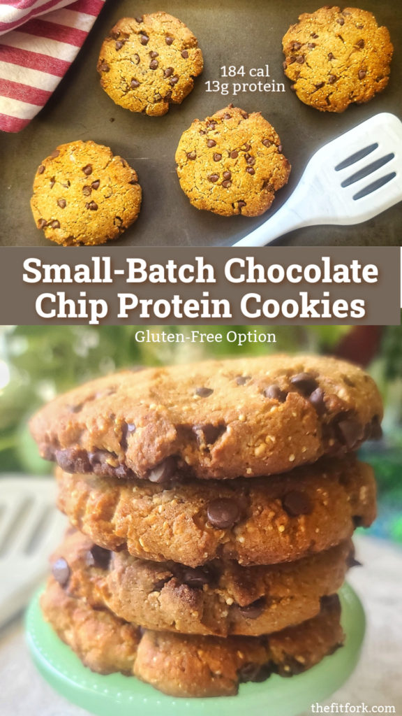 Enjoy homemade cookie goodness with a boost of muscle-making protein. These Chocolate Chip Protein Cookies are all comfort food with none of the guilt, and have a gluten-free option. The small-batch size (makes 4) is just right to share or last a couple days!