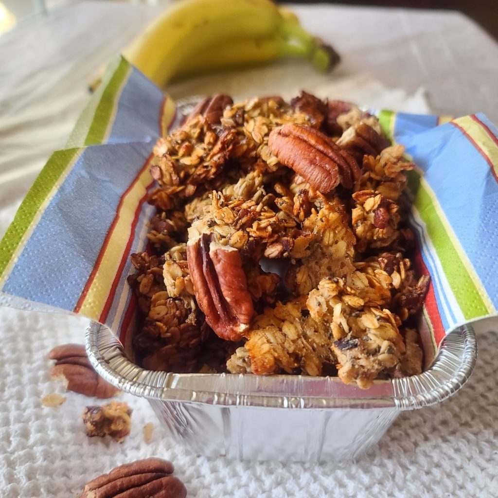 Banana Bread Protein Granola is an easy homemade breakfast or snack you can make in about 30 minutes. It's much more economical than store bought and you have control over the ingredients -- I've used a protein powder to give this healthy treat 13g protein per serving.