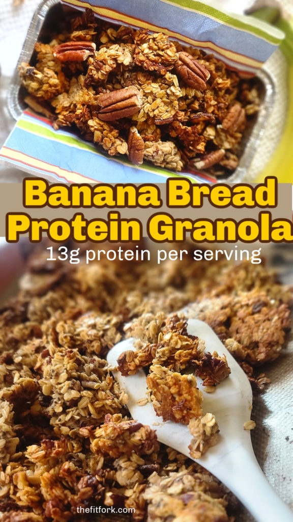 Banana Bread Protein Granola is an easy homemade breakfast or snack you can make in about 30 minutes. It's much more economical than store bought and you have control over the ingredients -- I've used a protein powder to give this healthy treat 13g protein per serving. Get more recipes at thefitfork.com