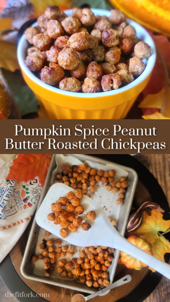 Pumpkin Spice Peanut Butter Roasted Chickpeas – a yummy treat that isn’t so scary for the season. 10g of protein per serving (perfect for a healthy snack), 4g fiber and 198 calories. Easy-peasy to make, using canned chickpeas and I even baked mine in the toaster oven!