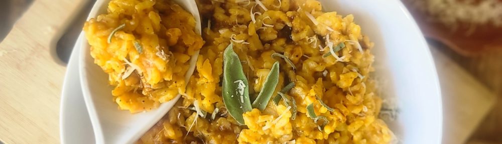 Microwave Pumpkin Risotto, so seasonally scrumptious! A “secret” shortcut gets this rich and creamy dish on the table in 20 minutes without standing over a pot stirring non-stop. A complementary side dish to fall-inspired meals including Thanksgiving turkey, Holiday beef roast, or fast and easy with salmon or shrimp for a weeknight meal!