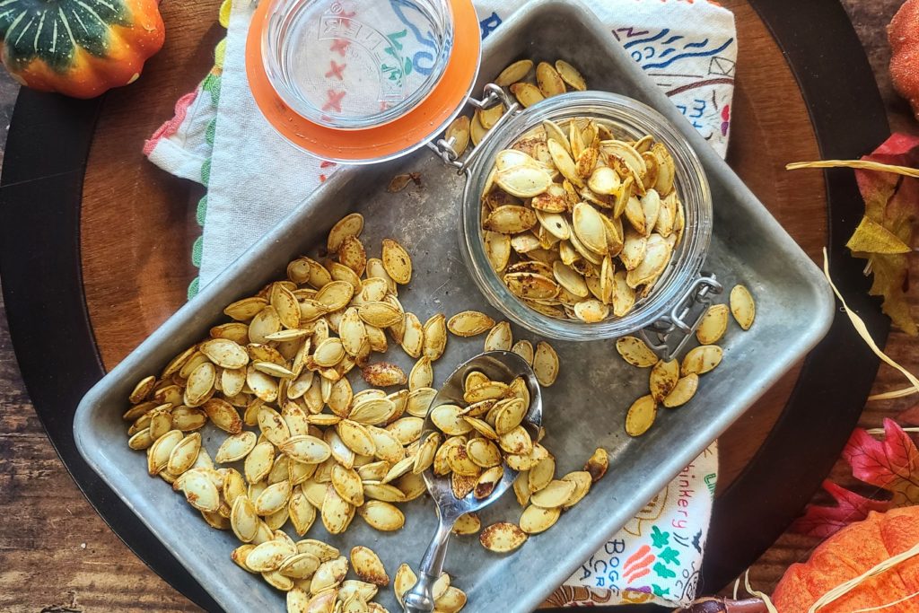 
Garlicky Roasted Pumpkin Seeds can be made in the air-fryer or oven and are a quick, easy and economical snack you and your family will love this fall season.
