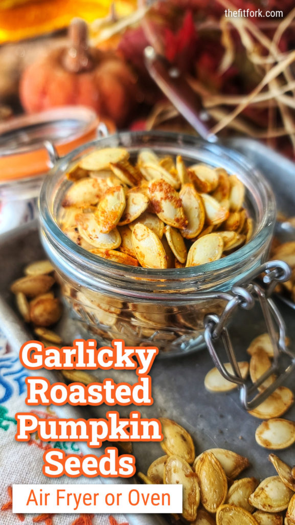 
Garlicky Roasted Pumpkin Seeds can be made in the air-fryer or oven and are a quick, easy and economical snack you and your family will love this fall season.
