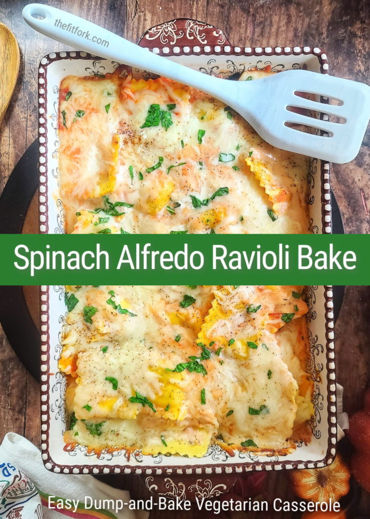 The simplicity and deliciousness of this spinach alfredo ravioli bake will make it your new busy-night dinner. Basically a dump-and-bake casserole, just layer up everything in a 9x13-inch baking dish (no stirring even needed) and bake for 30 minutes – serves a big family or hungry group!
