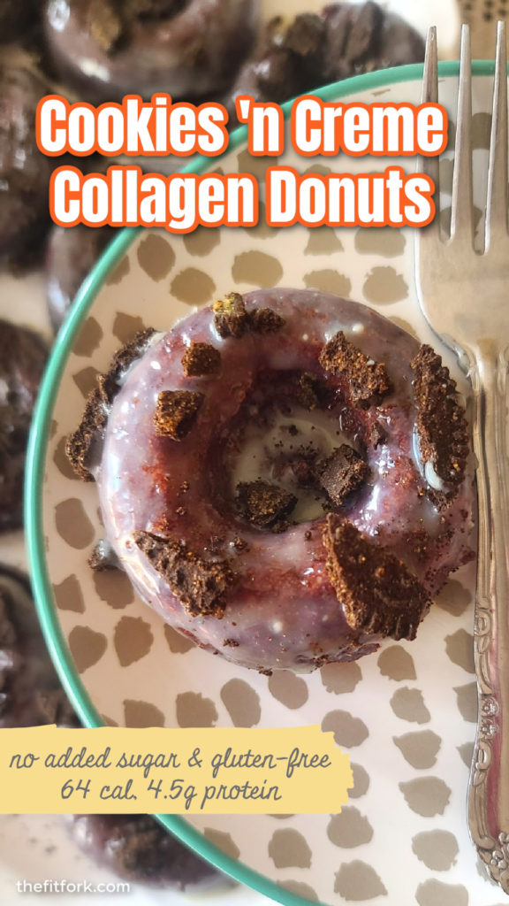 Bake up these yummy chocolate collagen donuts with a cookies 'n creme topping in the oven -- better for you with less fat and calories over traditional doughnuts. This recipe has only 64 cal (with 4.5g protein) per mini donut, is gluten-free, has no added table sugar and features protein and nutrition benefits from collagen.