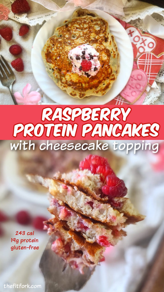 Raspberry Protein Pancakes with Cheesecake Topping makes a tasty breakfast that feels indulgent, but is actually “no worries” at just 243 calories and 19g protein per serving* Lower carb and gluten-free too.