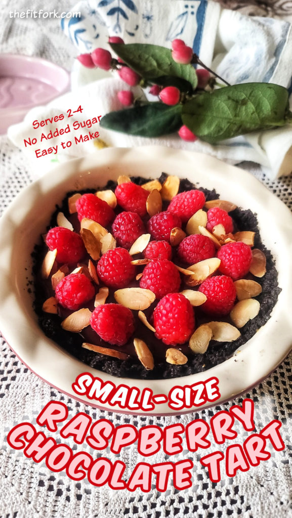 A rich and delicious chocolate tart bejeweled with raspberries and almonds, and perfectly portioned to serve two to four guests. No added sugar and can be gluten-free depending on what type of cookie used for the crumb crust.
