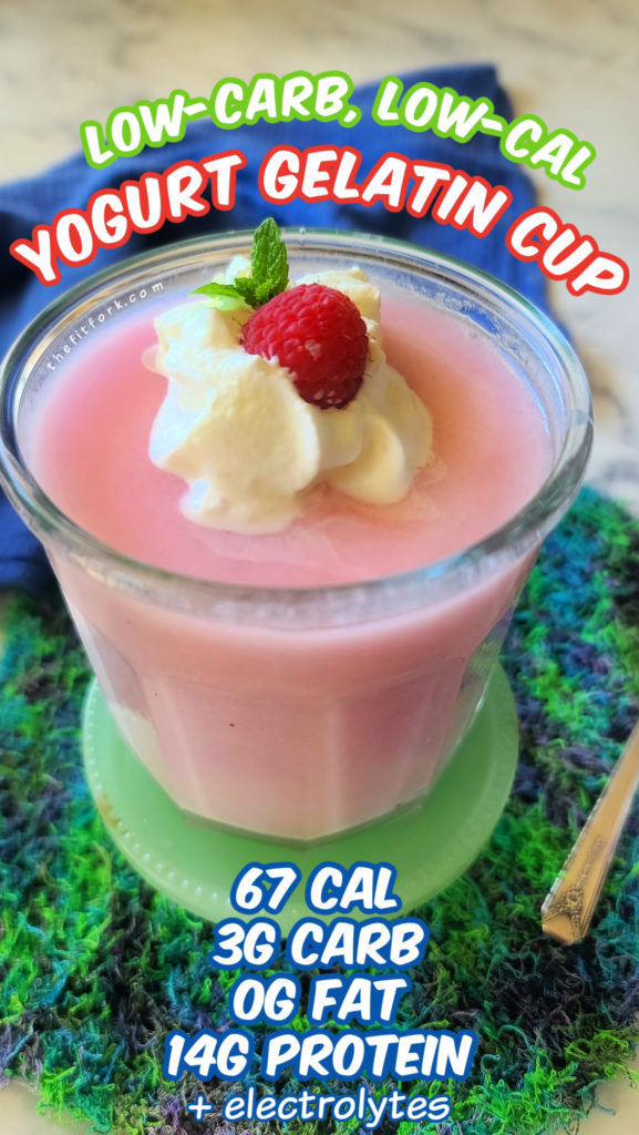 Refuel and replenish protein, electrolytes and bcaas after a hard workout with a yummy creamy jello like treat made with only 3 ingredients – a protein sports water, Greek yogurt, and unflavored gelatin. Low carb and low carb, also a smart idea for a satisfying dessert for diets or situations when you are avoiding sugar. 67 cal, 3g carb, 0 fat, 14g 