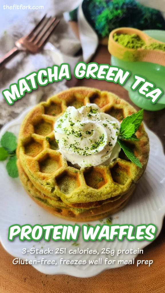 Matcha Green Tea Waffles are made with protein powder and blended cottage cheese for a protein-packed, low-cal breakfast that will satisfy you all morning. Lightly sweet with no added sugar, so no syrup needed – take on the go! Gluten-free option. 