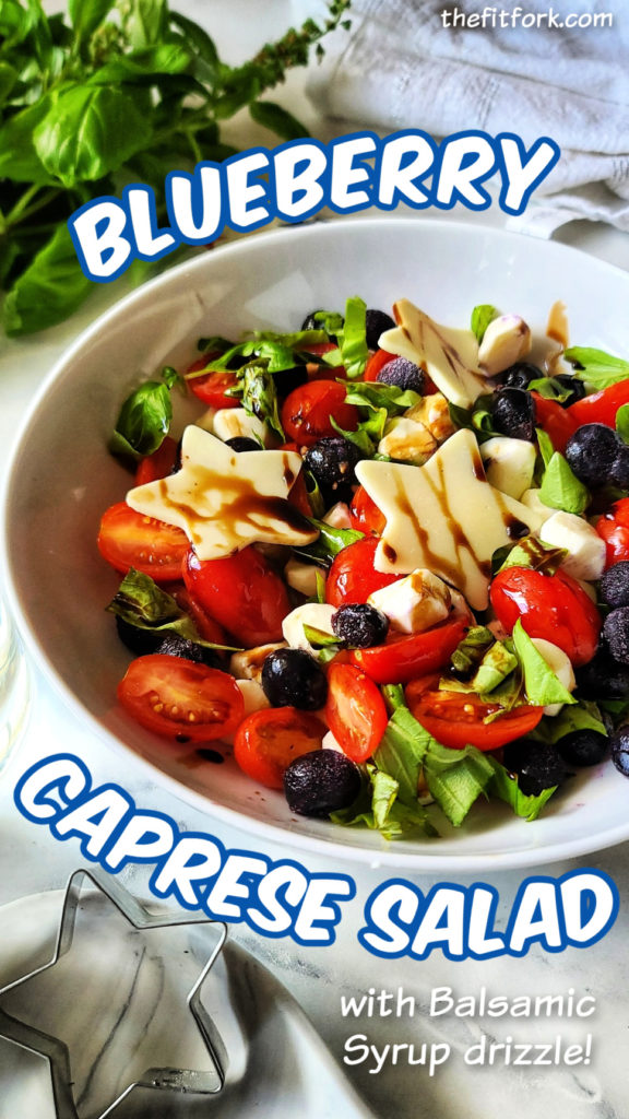 Everyone loves a Caprese salad with juicy tomatoes, aromatic sweet basil and creamy mozzarella cheese all drizzled in balsamic syrup. My patriotic version of the classic favorite summer salad that adds blueberries in honor of the USA and Red, White and Blue. Perfect for summer entertaining.