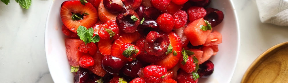 This beautiful fruit salad -- featuring red raspberries, strawberries, watermelon and cherries – will be the star of your summer celebration. The Honey Lime Mint dressing is super easy to make and adds a flavorful upgrade to your breakfast, lunch, or dinner!