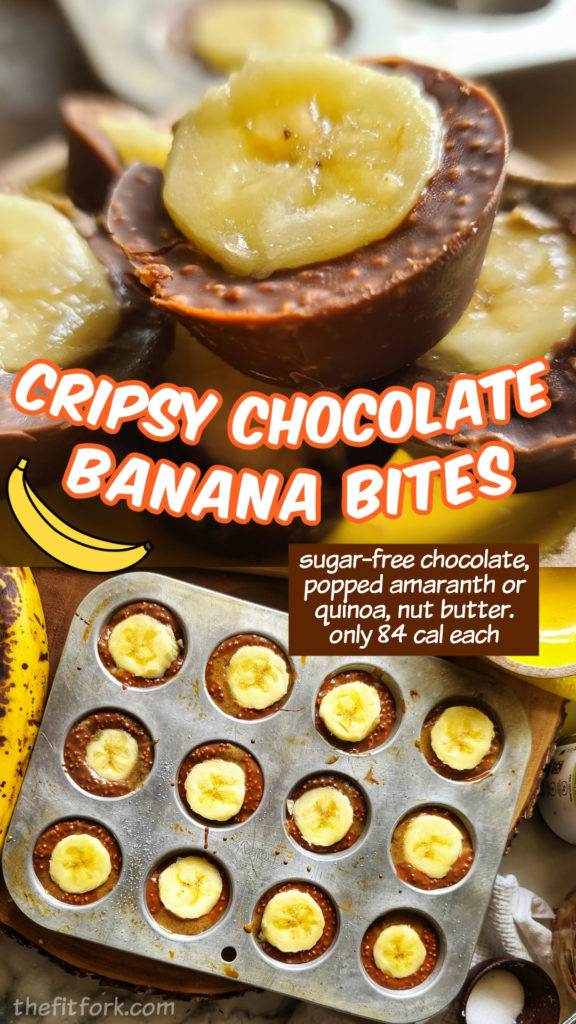 Treat your sweet tooth to this healthy snack - a sugar-free crispy chocolate inspired by a Nestle Crunch bar, nut butter and banana slices! Prep a batch and store in the freezer! Only 86 cal, guten free