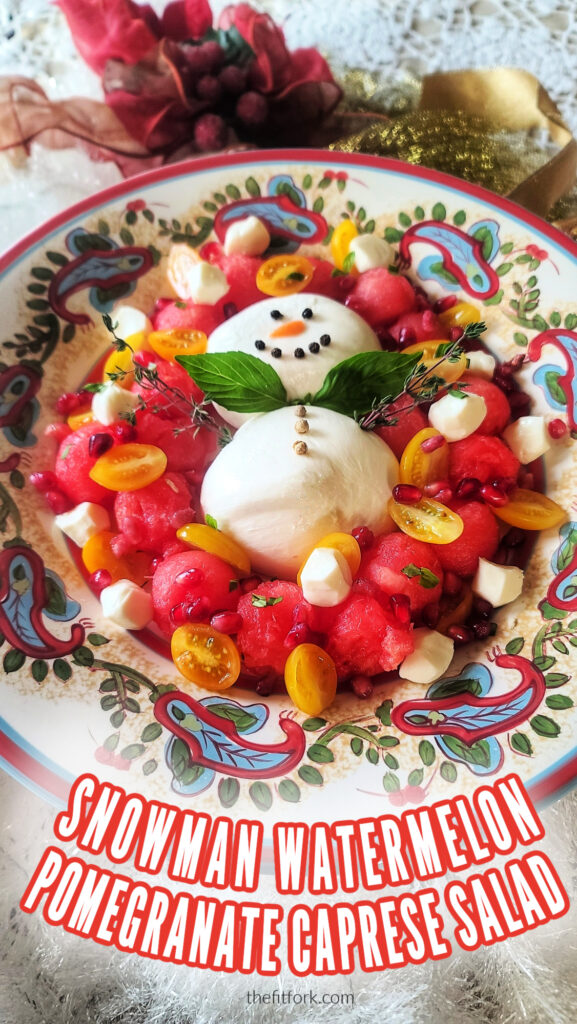 Brighten up your holiday table with this Snowman Watermelon Pomegranate Caprese Salad! Featuring festive ingredients like mozzarella, watermelon balls, grape tomatoes, and pomegranate arils, this colorful and healthy winter salad is as delicious as it is fun to make. Complete with a mozzarella snowman centerpiece, it’s perfect for Christmas parties, family dinners, or any festive occasion. Drizzle with balsamic syrup or pomegranate vinaigrette for the ultimate holiday flavor!