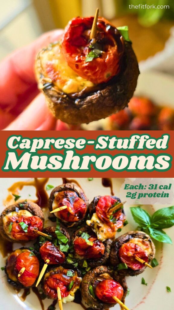 Air fryer Caprese Stuffed Mushrooms are a low carb, 31-calorie, easy appetizer made with mozzarella, tomato, basil, and balsamic glaze in just 15 minutes.